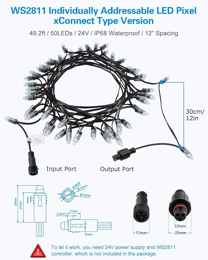 ALITOVE WS2811 24V LED Pixel Lights Xconnect 42.9ft Individually Addressable RGB IC Bullet Pixel String Lights 50pcs Waterproof IP68 for Billboard House Halloween Christmas Decor, 12inch Spacing