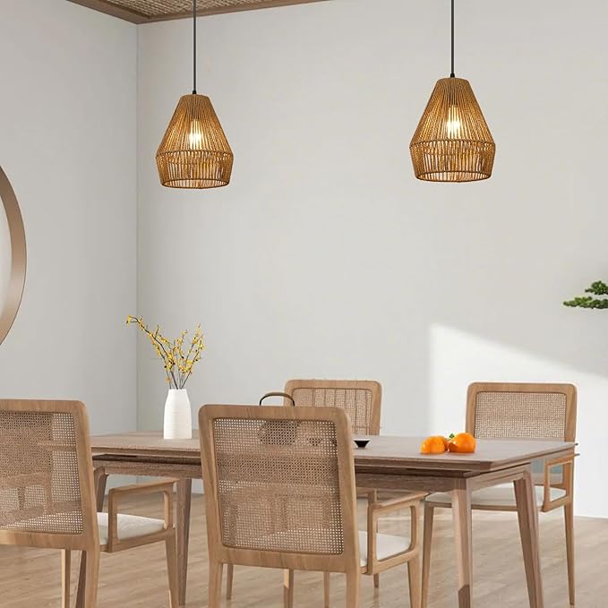 8.7'' Woven Rattan Pendant Light Fixture, 2 Pack Boho Pendant Lights Kitchen Island Lighting with Handwoven Wicker Shade, Natural Coastal Hanging Light Fixtures for Bedroom Dining Room Bar
