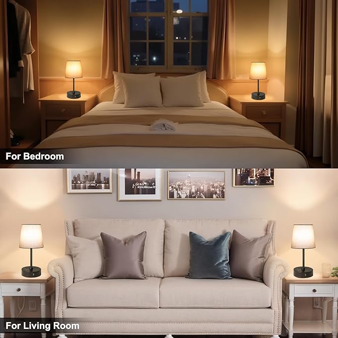 Ascher Small Bedside Table lamp Set of 2, RGB Color Changing Lamps, 3 Color Temperatures Nightstand Lamps with USB C and A Ports, Touch Dimmable Desk Lamp for Bedroom Living Room(Grey Shade)