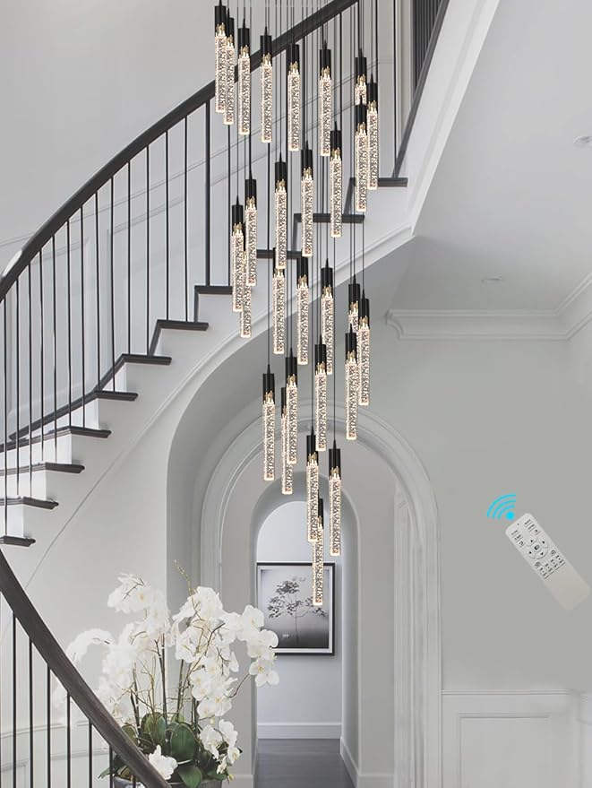 Flashing God Black 28 Lights Large Foyer Chandeliers for High Ceilings 12 feet Long Spiral Stair Pendant Chandelier Crystal Ceiling Light Fixtures Dimmable 2700k-4500k-6000k