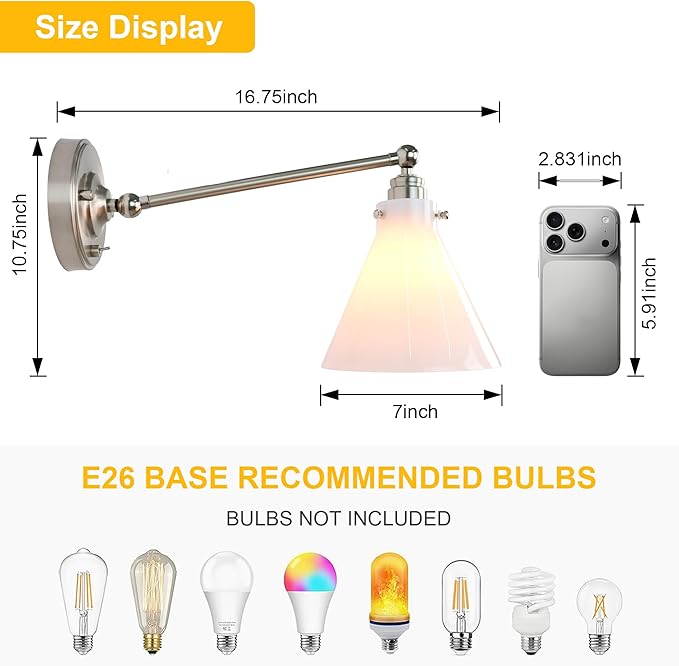 Industrial Vintage Slope Pole Wall Mount Single Sconce with Funnel Flared Clear Glass Shade, Swing Arm Wall Sconce Light Lamp Fixture Hardwired