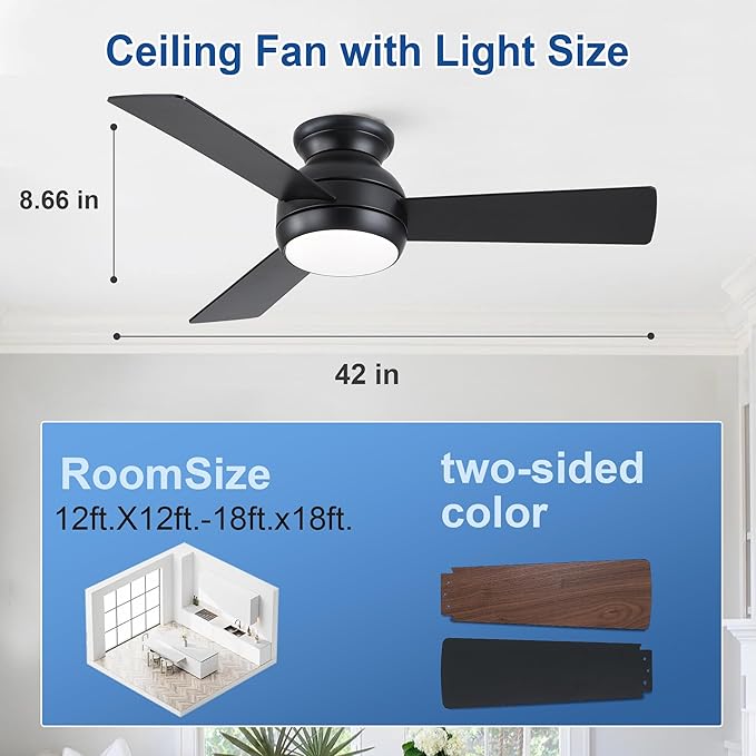 42 Inch Ceiling Fans with Lights and Remote, Black Low Profile Ceiling Fan with Light, Flush Mount, Reversible, 6 Speeds, 3CCT Dimmable, Bedroom Indoor/Outdoor Patios Use