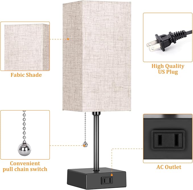 Table Lamp for Bedroom set of 2,3-Color Bedside Lamps with Pull Chain Table Lamps for Nightstand with AC Outlets,Night Light Lamps with 2 Bulbs Lamps for Living Room Kids Office Decor（Black+Cream）