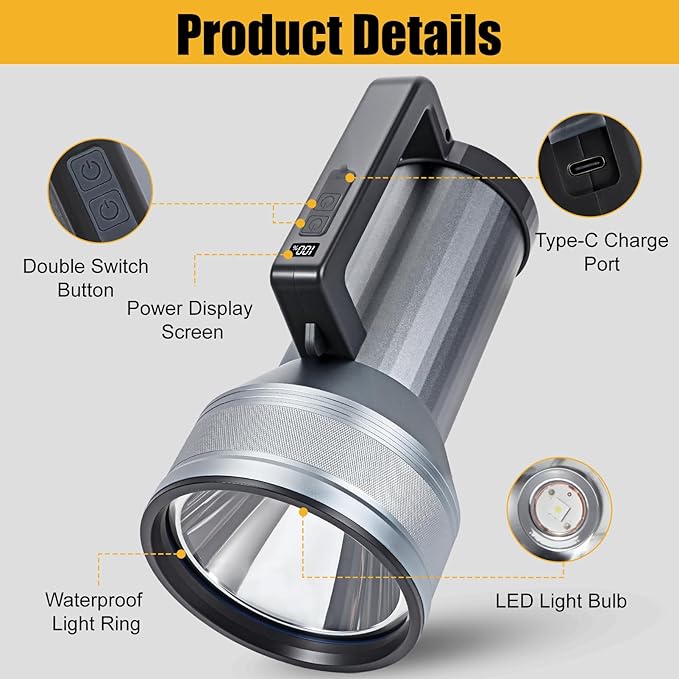 Rechargeable LED Flashlight with Power Display, 4 Light Modes, High Lumens Handheld Torch, Dual Switch, Waterproof Portable Flashlight for Camping, Hiking, Indoor and Outdoor Use (LK6019-White light)