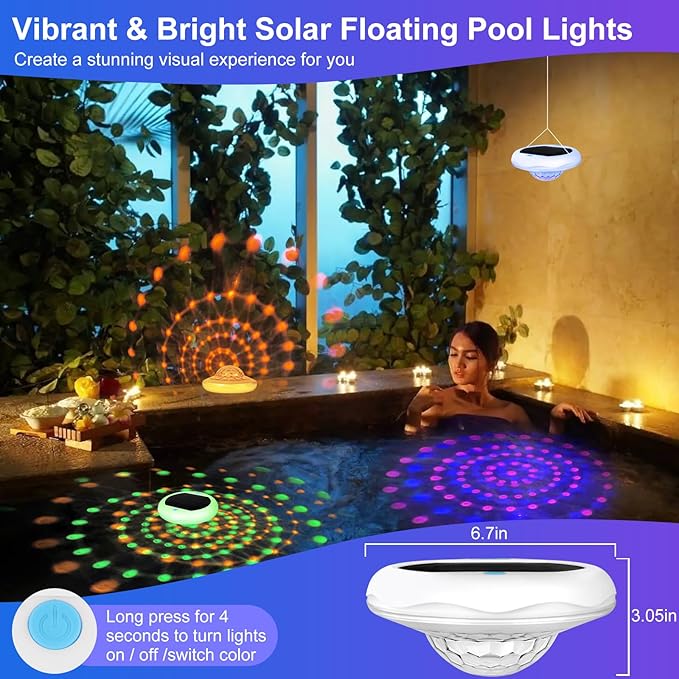 2-in-1 Solar and Rechargeable Floating Pool Lights: 6.7" Pool Lights That Float 6 Dynamic Modes with Remote IP68 Waterproof Hang RGB Upper and Lower Bathtub Light for Garden Pond 1 Pack