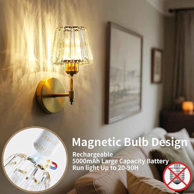 Battery Operated Crystal Wall Sconce Set of 2, Gold Rechargeable Wireless Wall Sconces with Remote Dimmable 12 Colors Modes Led Wall Lights, Wall Lamp for Bedroom Living Room Hallway, 2 Bulbs Included