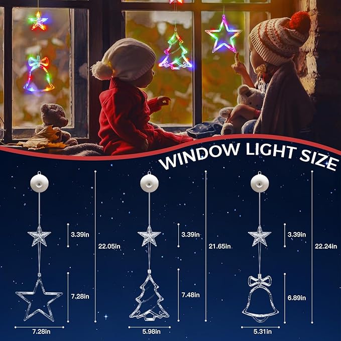 suddus 3Pcs Christmas Window Lights with Timer, Battery Operated LED Xmas Decorations with Suction Cup Hooks, Star, Bell & Tree Shaped Indoor Hanging Lights for Window Wall Holiday Party (Multicolor)