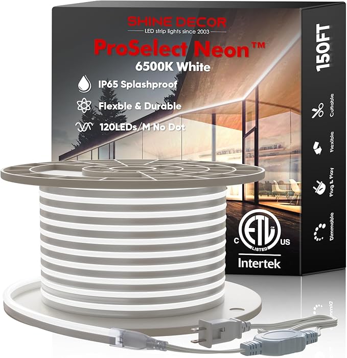 Shine Decor LED Neon Rope Lights AC 120V, ETL-Listed Flexible 120LEDs/M Dotless Strip Lighting, Custom Cuttable & IP65 Waterproof for Indoor Outdoor, 7x14.5mm, 6500K Cool White, 150FT