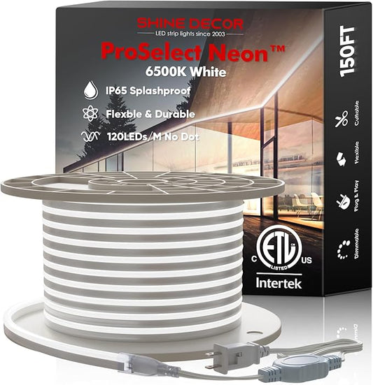 Shine Decor LED Neon Rope Lights AC 120V, ETL-Listed Flexible 120LEDs/M Dotless Strip Lighting, Custom Cuttable & IP65 Waterproof for Indoor Outdoor, 7x14.5mm, 6500K Cool White, 150FT