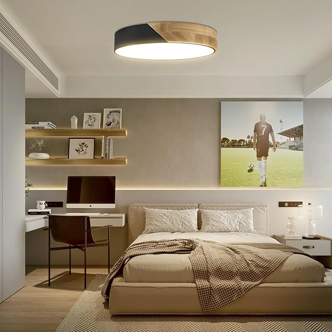 Led Ceiling Light Flush Mount: 12 Inch 24W Bedroom Light Fixture with Round Wood Modern Black Flat Overhead Ceiling Lamps for Kitchen Hallway Laundry Warm White 3000K, Not Dimmable - 2 Pack