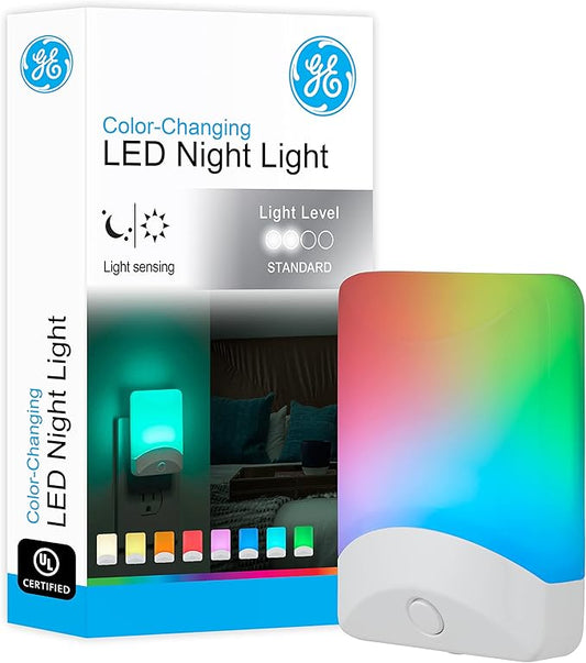 GE Color Changing LED Night Light for Kids, Dusk to Dawn Sensor, Home Decor Apartment Essentials, Wall Lights for Bedroom, Ambient Lighting, Nightlights Plug in, 1 Pack, 34693