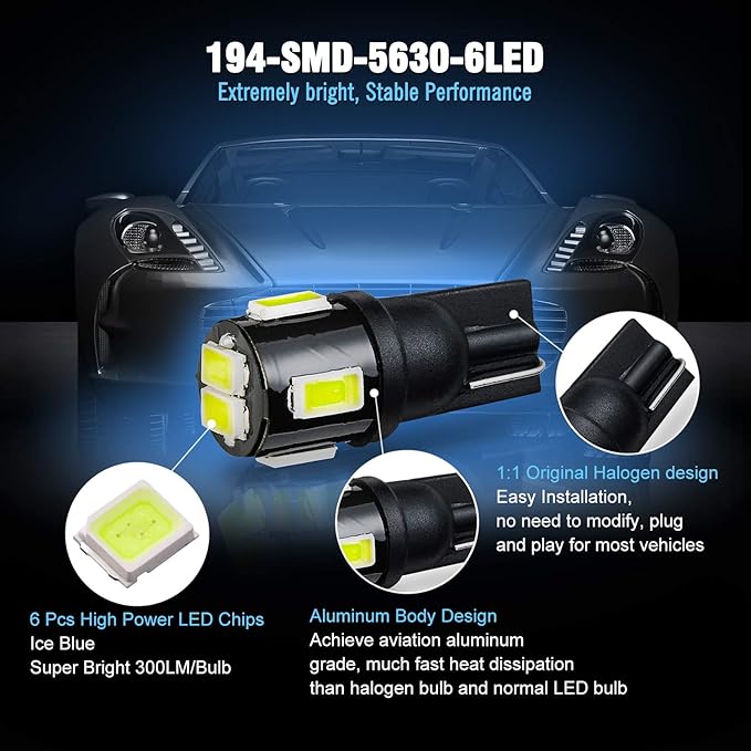 194 LED Bulbs Extremely Bright Ice Blue 5630 Chipsets 168 2825 175 T10 W5W LED Replacement Bulbs for Car Interior Dome Map Door Courtesy Trunk License Plate Lights(Pack of 10)
