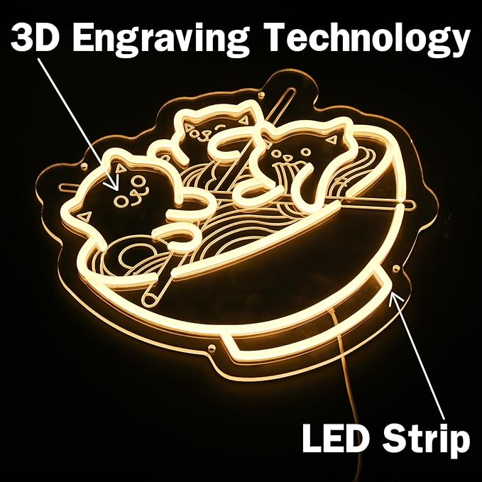 Ramen Cat Neon Sign, Warm White Cat Noodles Led Sign for Baby Girls Room, Dimmable Noodle Cat Light Up Neon Signs for Wall Decor Resturant Home Bar Kitchen Dinning Bedroom Art Decor Christmas Gifts