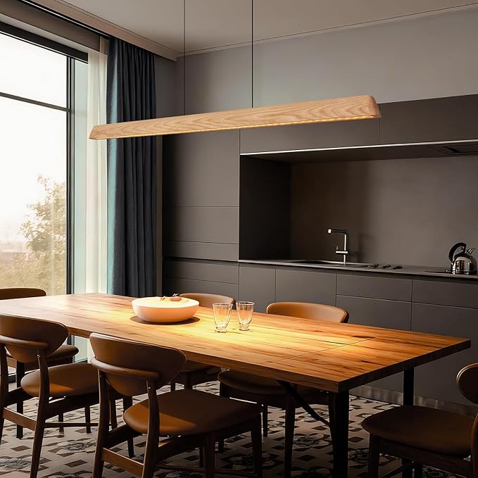Wood Linear Pendant Light, Dimmable Kitchen Island Lighting with Remote, 35W LED Island Lights for Kitchen, Adjustable Linear Chandelier for Dinning Room Light Fixture (Natural Ash, 57inch)