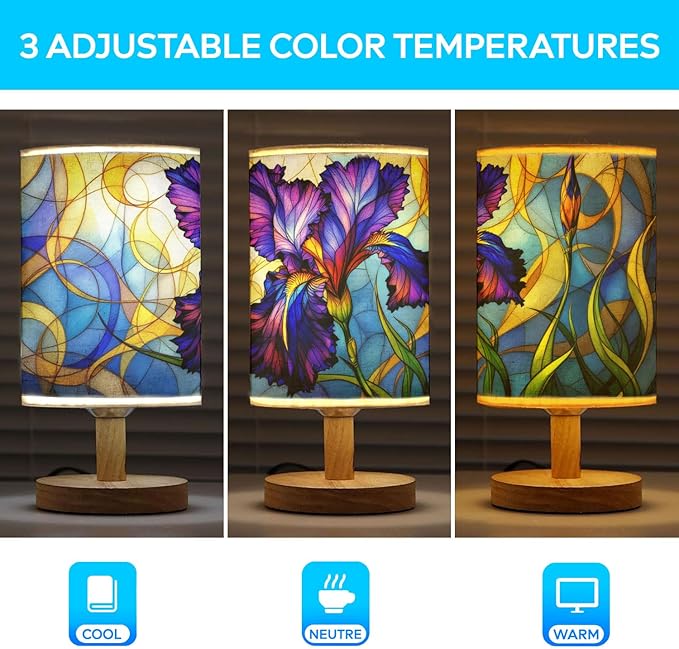 Butterfly Table Lamp LED 3-Color Pressed Bedside, Shade Lamp with Wood Base for Bedroom Living Room Desk Office TL01 (Iris)