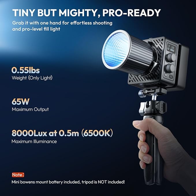 ULANZI EC65 Video Light - 65W COB LED Video Light Mini Bi Color Portable Continuous Output Lighting with Battery & APP Control, 2700K-6500K CRI≥95 Bowens Mount Handheld Spotlight for Camera, Tripod