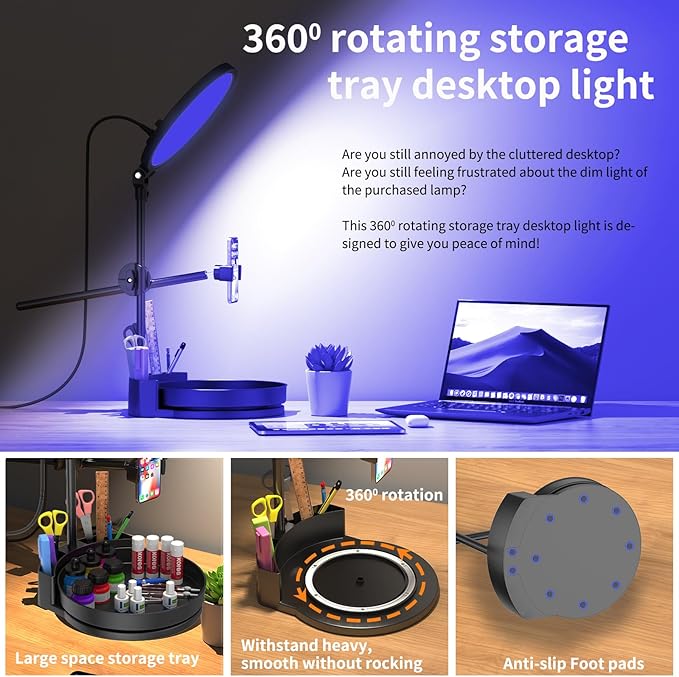 Desk Ring Light with Stand,55W Dimmable Full Screen Ring Light,with Rotating Storage Box,Pen Holder Stand,Phone Holder&Controller (Black-RGB, 10.5)