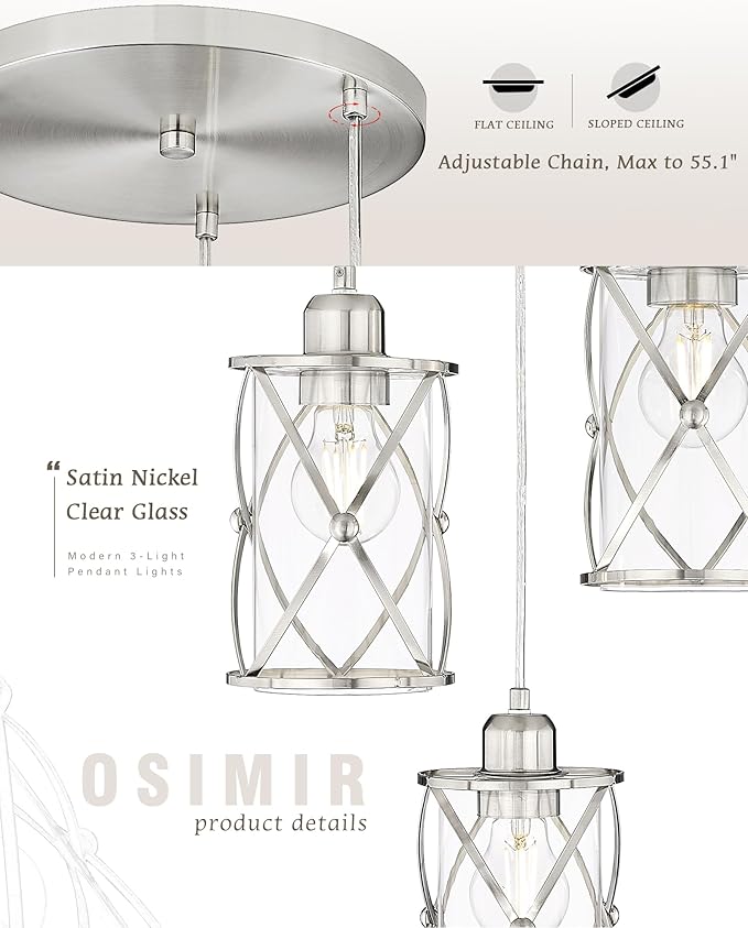 Brushed Nickel Dining Room Chandelier Light Fixture, 3-Light Pendant Lighting with Clear Glass, Modern Kitchen Island Cluster Hanging Pendant Lights for Sink, CH9176BN3