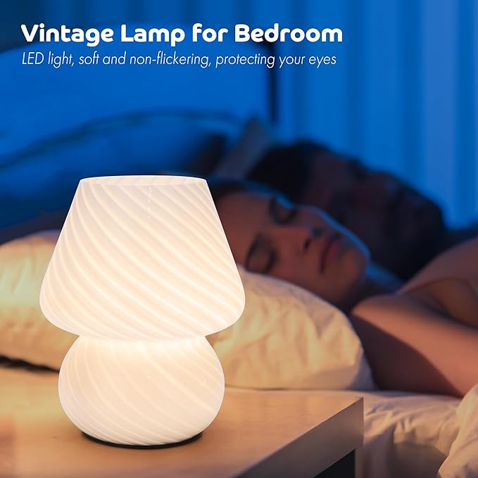 Battery Operated Mushroom Lamp - Vintage Small Table Lamp with Timer, Cordless Bedside Nightstand Lamp, Glass Battery Powered Lamp for Bedroom Kitchen Living Room Shelf Decor Aesthetic White