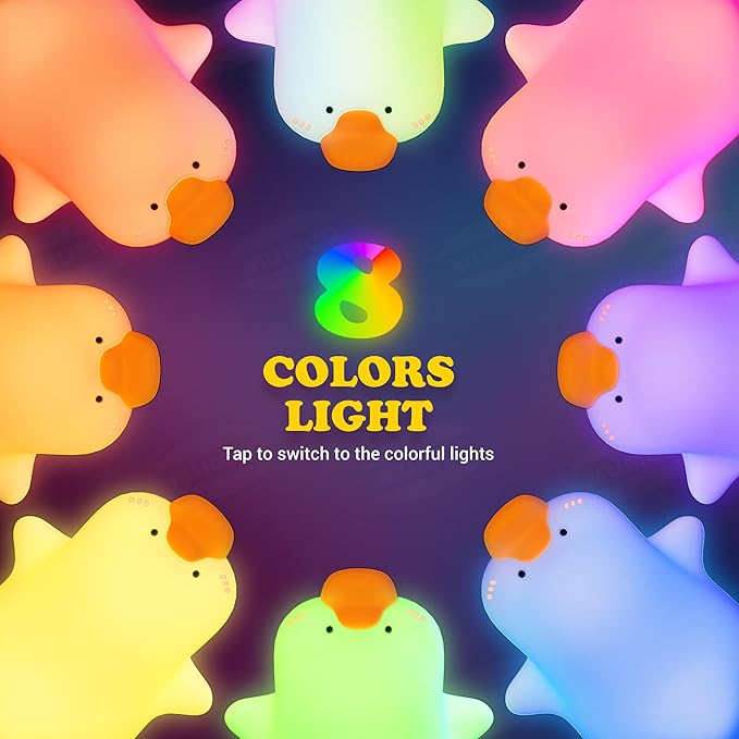 Goose Night Light for Kids, 8 Colors Silicone Cute Duck Lamp, Lying Flat Duck Nightlight, 3 Level Dimmable Kids Nightlight, Timer Rechargeable Bedside Touch Baby Night Lamp, Xmas Birthday Gifts