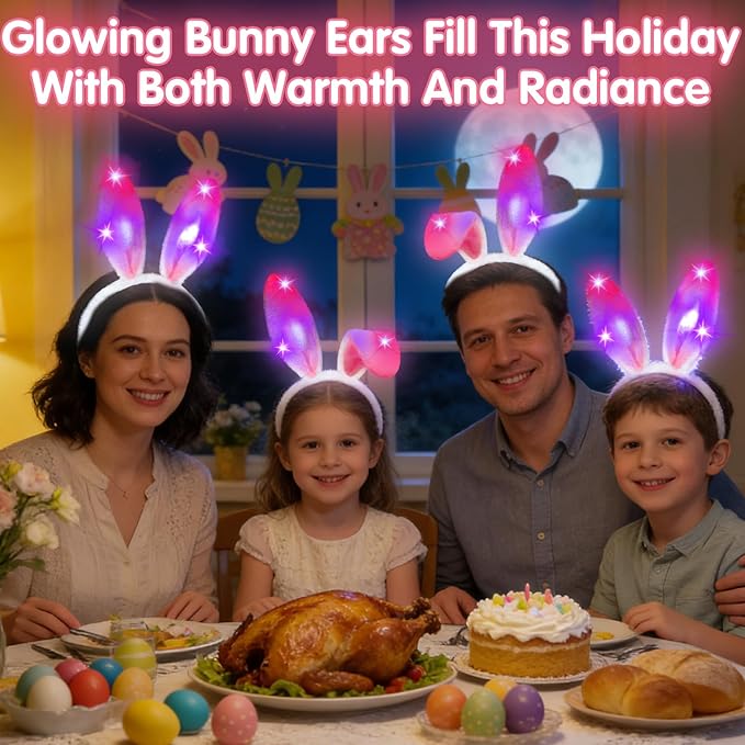Camlinbo 6 PCS LED Light up Bunny Ears, Plush Rabbit Ear Headband Easter Gifts Basket Stuffers Party Favor Supplies for Women Girls Boys