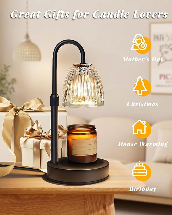 Dimmable Candle Warmer Lamp with Timer Adjustable Height, for Mom, Home Decor Birthday Housewarming Gifts for Women, Modern Electric Wax Melt Warmer for Scented Jar Candles, Clear