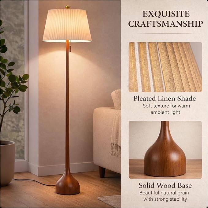 MOFFE 65" Mid Century Modern Vintage Real Wood Floor Lamp with 2 Shades for Two Looks, Sculptural Standing Lamp with Teardrop Base & Wooden Pull Chain for Living Room Bedroom Sofa Side (Bulb Included)