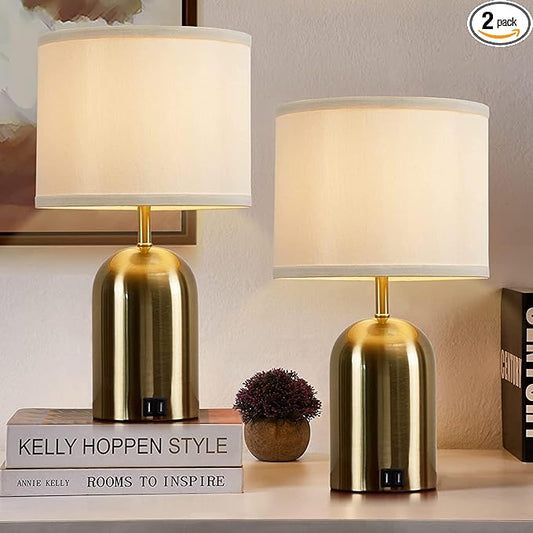 GyroVu Touch Control Table Lamps Set of 2, Gold Bedside Table Lamps for Bedroom Living Room Office, Modern Dimmable Desk Lamp for Nightstand with 2 USB Charging Ports, 2 Bulbs Included