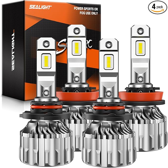 SEALIGHT H11 9005 Light Bulbs Combo, 56,000 Lumens 800% Brighter 6500K Cool White Light, 1:1 Size 9005/HB3 H11/H9/H8 DRL Fog Light Halogen Replacement, Plug-N-Play, Pack of 4