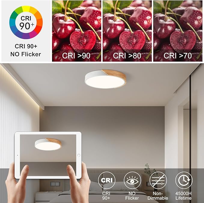 Vikaey Modern LED Ceiling Light, Minimalist Wood Flush Mount Ceiling Light Fixture, 4000K Not Dimmable, Circle Lighting Lamp with Acrylic Lampshade for Bedroom Dining Room Laundry (White, 15.8'')