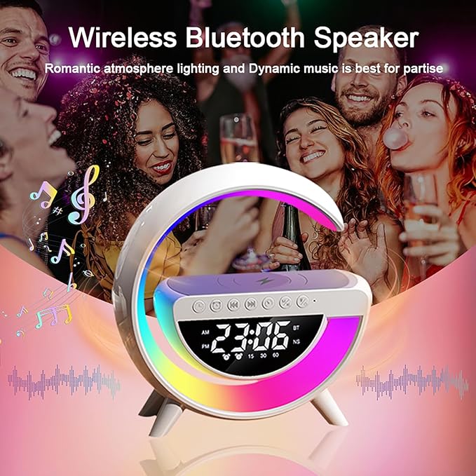 Wireless Charging Table Lamp Multifunctional Bluetooth Speaker & Alarm Clock - LED Bedside Desk Lamp Night Light for Heavy Sleepers, Superfine Bedroom Home Decoration (White)