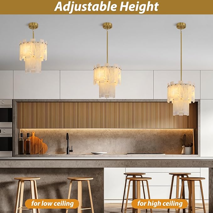 Alabaster Chandelier D13in Spanish Natural Marble Round Chandeliers, 2 Tiers Brass Alabaster Pendant Light,Modern Gold Small Chandeliers for Dining Room,Foyer,Kitchen Island,Bathroom,Bedroom
