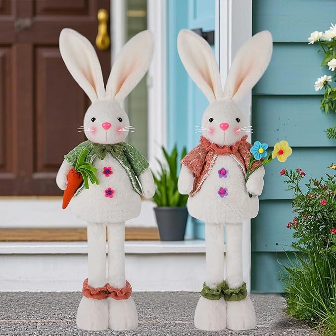 Glintoper 2 Pack Easter Standing Bunny with Stretchable Legs, 18" to 25" Plush Rabbits Couple Figurine, Cute Party Favor Photo Props Gifts for Office Kitchen Farmhouse Front Door Spring Home Decor