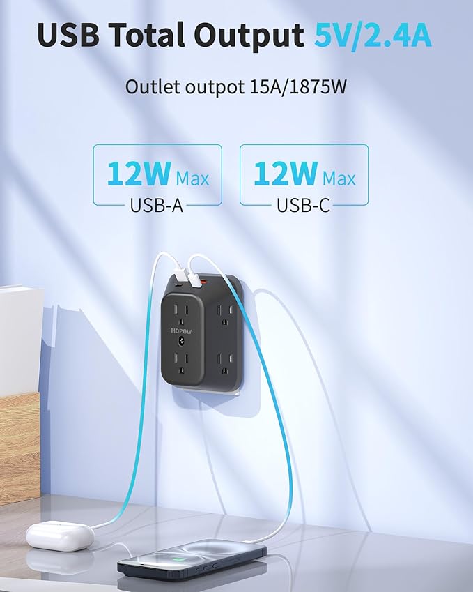 USB Wall Charger Surge Protector, HOPOW 6 Outlet Extender with 4 USB Charging Ports (2 USB C), 3-Sided 1050J Multi Plug Wall Outlet, Wall Mount for Home Travel Office, Black