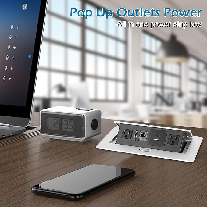Table Pop Up Outlet,Automatic Pop up Strip Center countertop Socket Recessed Multimedia Strip Socket & USB+ 2AC+ LAN Network Connection Box Desktop HDMI for Conference Desk, Office, Hotel(Silver-2)