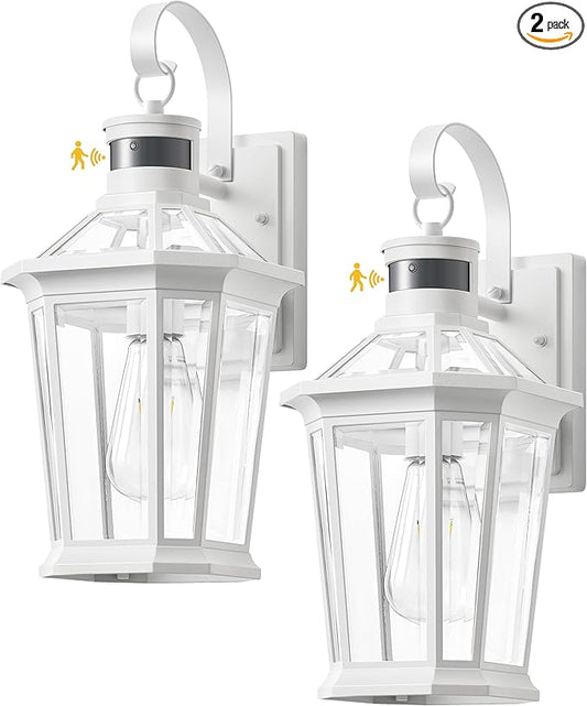 VIANIS Motion Sensor Exterior Light Fixture, Dusk to Dawn Outdoor Wall Lighting, 2 Pcs White Modern Front Porch Light for House, 100% Anti-Rust Aluminum Outside Wall Sconce for Garage, Entryway