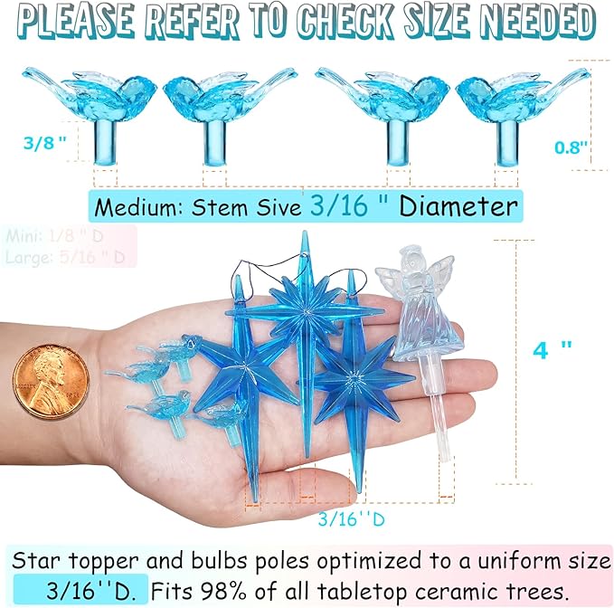 117Pcs Ceramic Christmas Tree AquaBlue Robin Bird Replacement Lights Bulbs and 1 Angel/3Stars Topper Ornament for Ceramic Tree Décor - Medium Plastic Pegs.