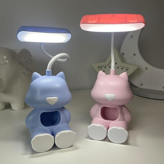 Cute Cat LED Desk Lamp with Phone Stand – Flexible Gooseneck, Rechargeable Battery, Small Organizer Compartment – Night Light for Kids' Rooms or Nursery (Blue)