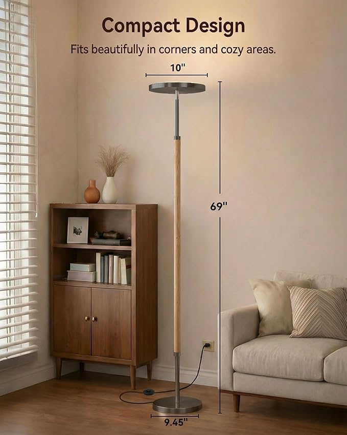 JOOFO Wood Torchiere Floor Lamp, Super Bright Stepless Dimmable LED Uplight Standing Lamp with Remote Adjustable Color Temperature 3000K–6500K with Timer for Living Room Bedroom Office Reading