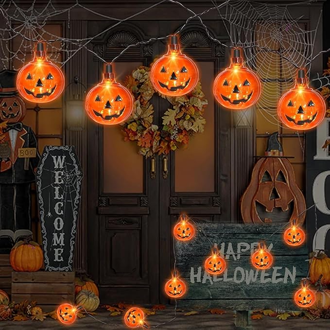 8.5Ft LED Halloween Lights Pumpkin String Lights with 10 Smiling Jack O Lantern Pumpkin Lights, Clear Orange Jack O Lantern for Home Party Yard Porch Indoor Outdoor Decor Halloween Decorations