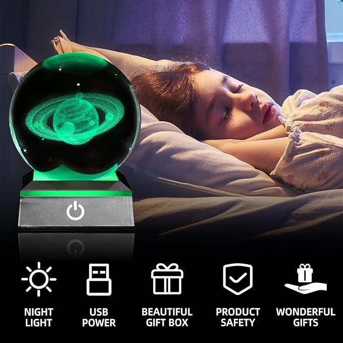 3D Saturn Crystal Ball Night Light 3.15 inch Glass Ball Table Lamp with Color Changing Touch Base Decor Ideal Saturn Gifts for Friends Kids Christmas Birthday