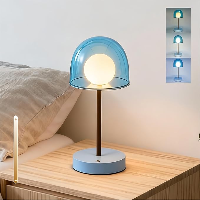 Small Lamp Battery Operated, Bathroom Shower Lamp IP44, Cordless Blue Light Desk Dimmable, Rechargeable Lamp Mushroom, Boy Cool Desk Lamp for Nightstand Nursery, 7.7" W x 10.6" H (Sky Blue)