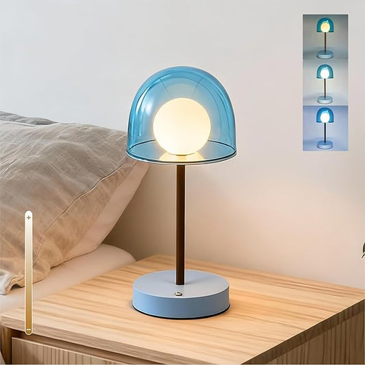 Small Lamp Battery Operated, Bathroom Shower Lamp IP44, Cordless Blue Light Desk Dimmable, Rechargeable Lamp Mushroom, Boy Cool Desk Lamp for Nightstand Nursery, 7.7" W x 10.6" H (Sky Blue)