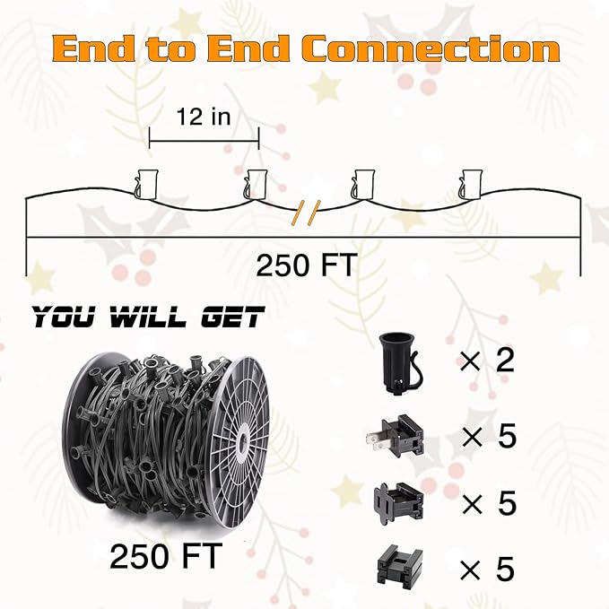 250FT C7 Light String Christmas Stringer, E12 Christmas Sockets 12" Spacing, C7 Stringer Set Green Outdoor String Light for Wedding Patio Event Lighting Decor, Black Wire