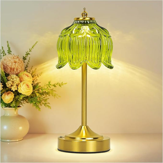 Cordless Lotus Flower Table Lamp, 5200mAh Rechargeable Battery Operated Portable Lamp, 3-Color Dimmable Touch Control Small Desk Lamp for Bedroom, Office, Kitchen, Nightstand,Room Decor(Green)