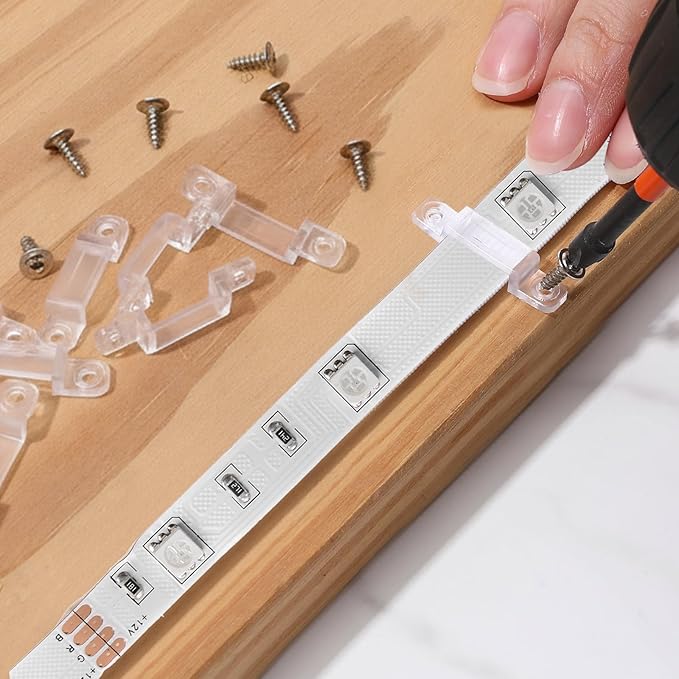 100 Pack LED Strip Light Mounting Brackets Stripe Light Holder, Transparent Fixing Clips LED Tape Hook Rigid Clips for 12mm Wide IP67/68 Waterproof Strip Lights, with 200 Screws