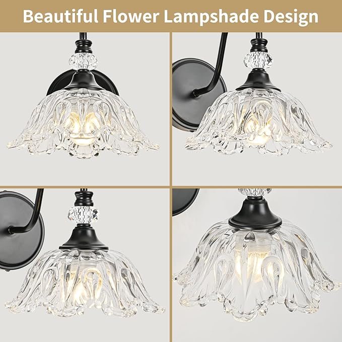 1 Piece Black Wall Sconce with Floral Clear Glass Shade, Black Farmhouse Wall Mount Lighting for Bathroom,Vintage Bathroom Vanity Light Fixture