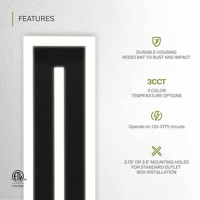 ASD LED 18" Long Wall Mount Light Fixture, Outdoor & Indoor Linear Sconce | 3CCT, Dimmable, Waterproof, Anti-Rust, ETL Listed | 18W 1180LM 3000-5000K 100-277V | Exterior Porch Lighting | Black