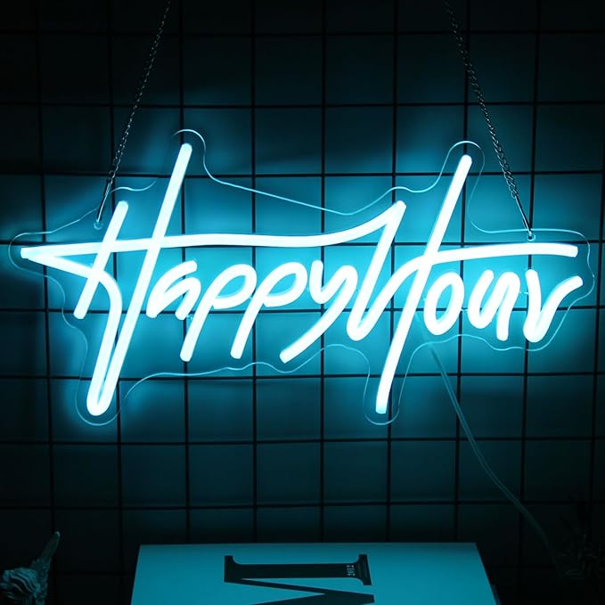 Happy Hour Neon Sign Blue Letter LED Neon Lights Dimmable Neon Bar Sign Words Neon Light Up Sign for Bar Pub Restaurant Hotel Man Cave Party USB Powered Wall Art