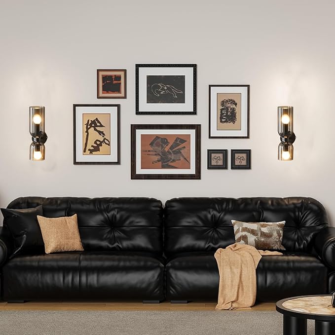 Modern Wall Sconces Set of 2 | Black Metal & Smoke Gray Glass | Bedroom, Living Room & Bathroom